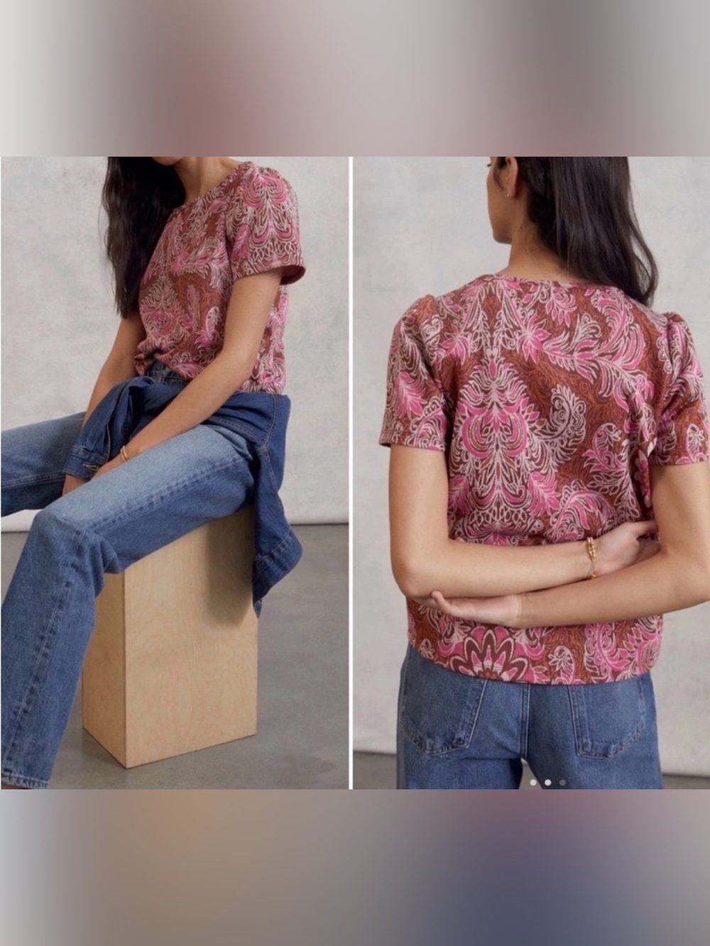 Anthropologie Pink & Brown Paisley Short-Sleeve Blouse - Size S